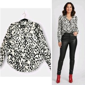 Equipment Femme Melanni Blouse Black White Leopard Print Cotton Silk Size Small